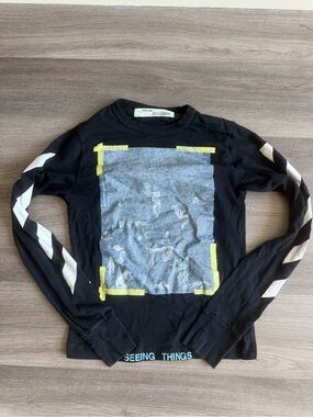 Off-White Black Long Sleeve Tee with Yellow Tape and White Sleeve Stripes